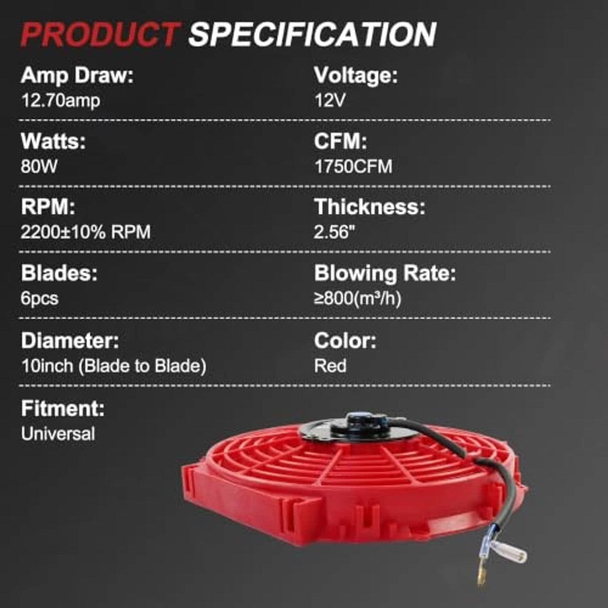 Red 10-inch radiator cooling fan kit with black hub and visible power leads