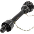 Black PTO drive shaft with slip clutch, chain safety, and spline ends
