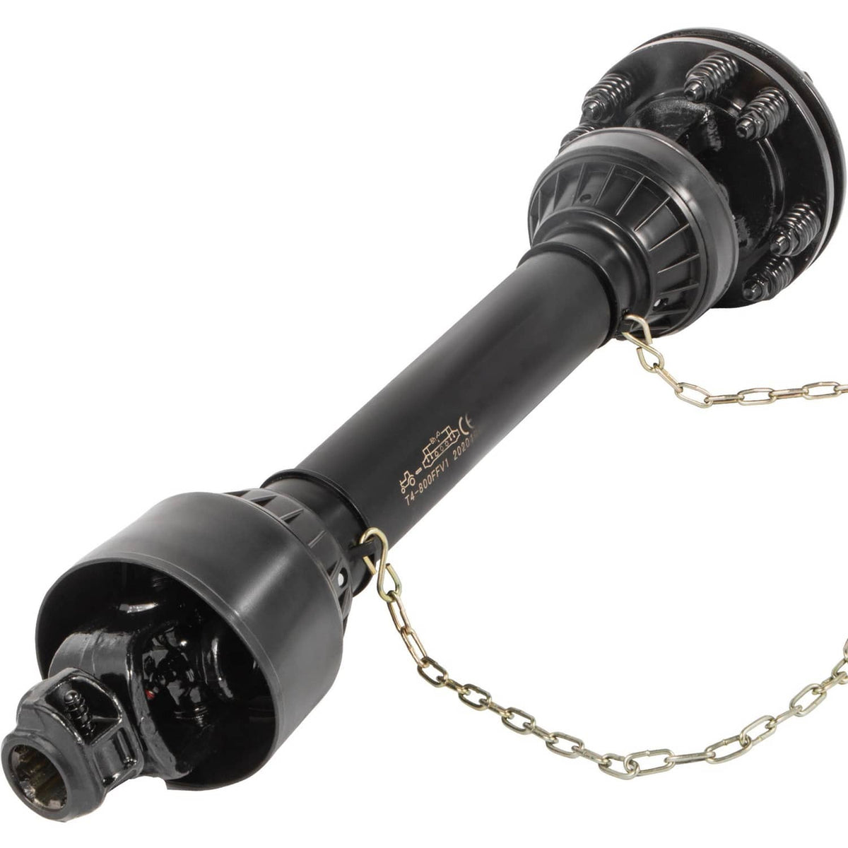 Black PTO drive shaft with slip clutch, chain safety, and spline ends