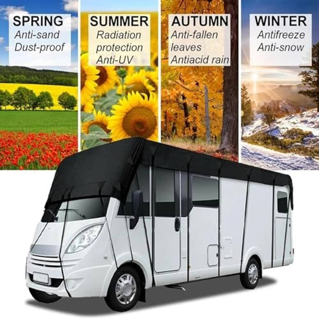 Black RV roof cover on RV with seasonal protection panels for spring, summer, autumn, winter