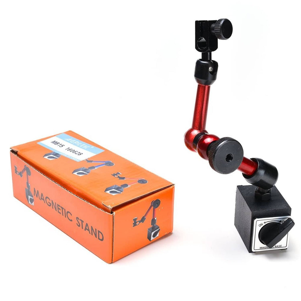 Red and black adjustable magnetic stand with multi-joint arm, shown with retail box
