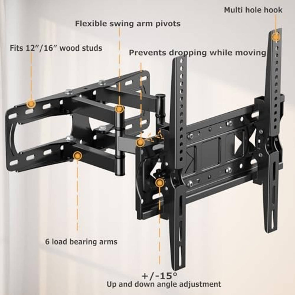 Black full-motion TV mount with multi-arm swing pivots and adjustable up-down tilt