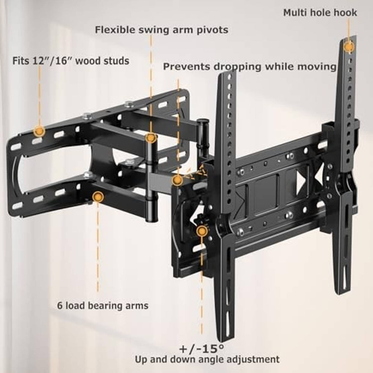 Black full-motion TV mount with multi-arm swing pivots and adjustable up-down tilt