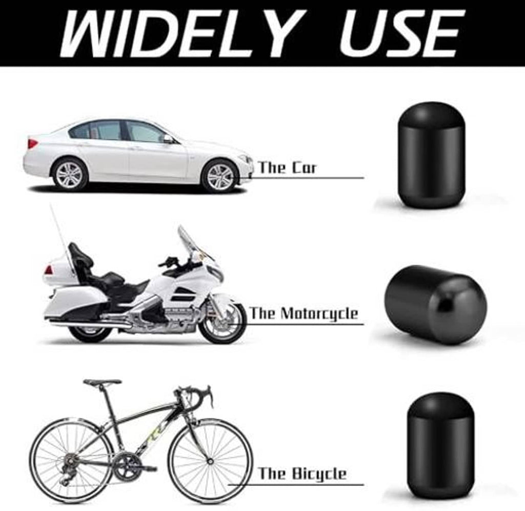 Black tire valve stem caps set, single cap shown on white background