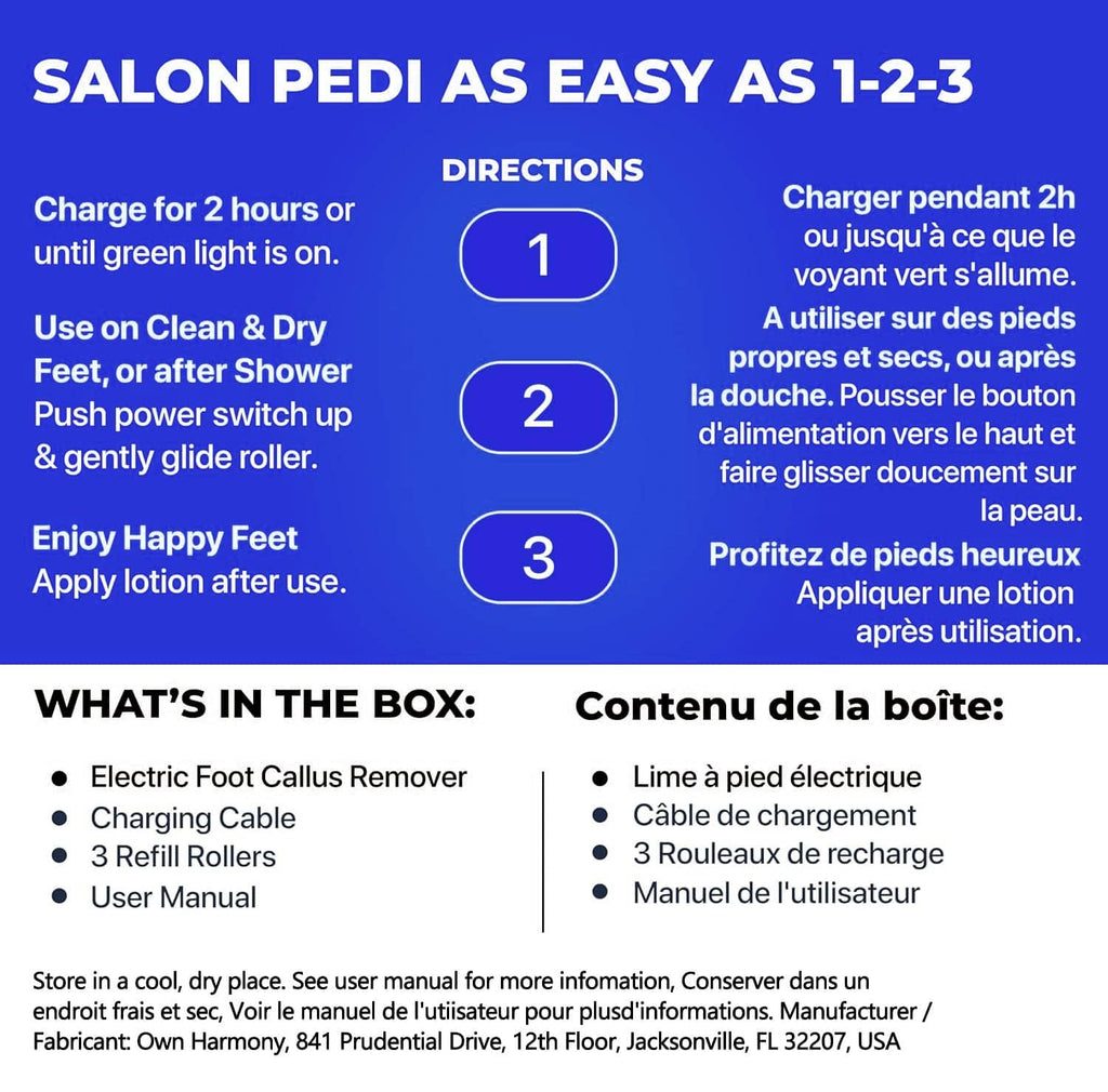 Electric foot callus remover kit contents diagram with charger cable and refill rollers
