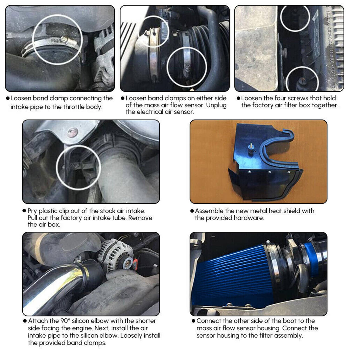 Cold air intake heat-shield and hose installation parts with clamps and silicone coupler