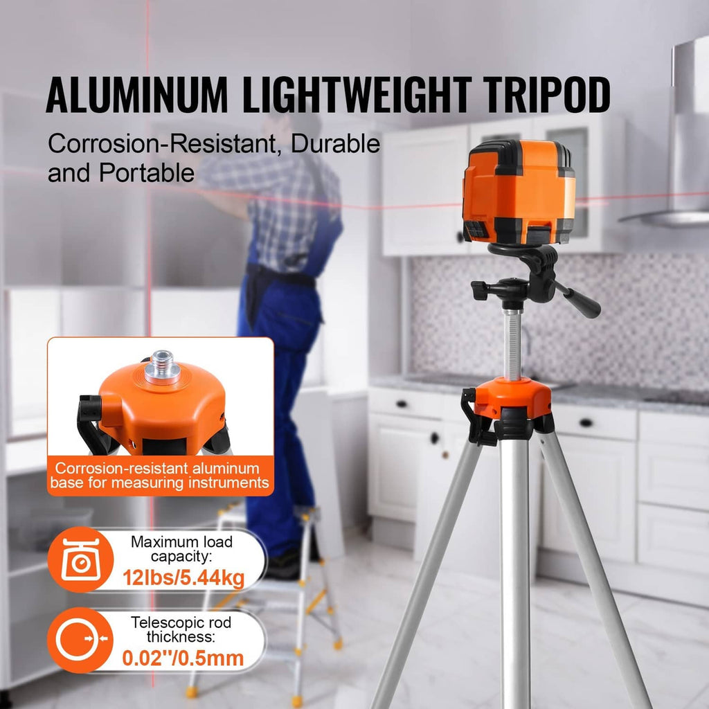 Aluminum laser level tripod with orange-and-black laser head and silver legs