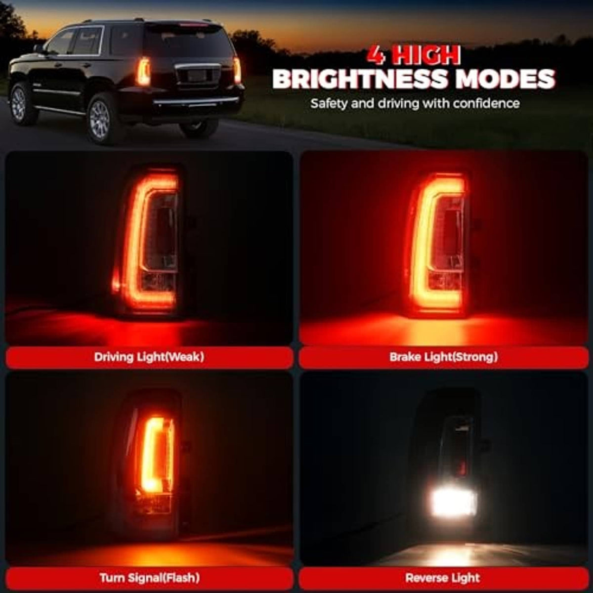 Rear tail light assembly showing illuminated red and amber light sections with chrome-bordered lens.