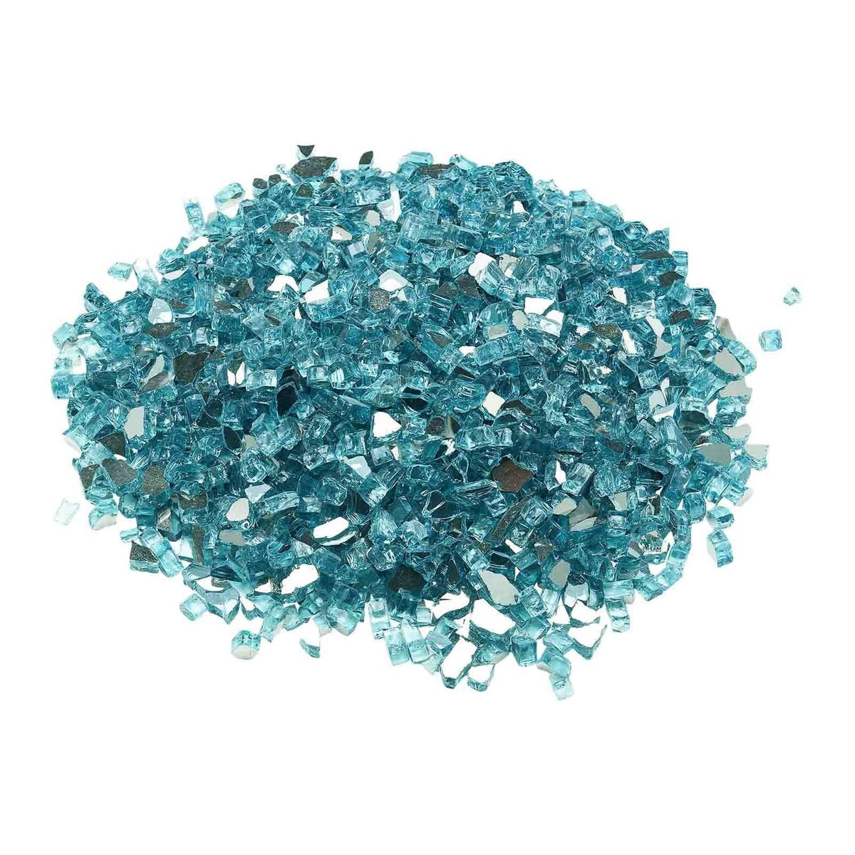 Aqua blue crushed glass stones in a dense reflective pile for fire pit filling