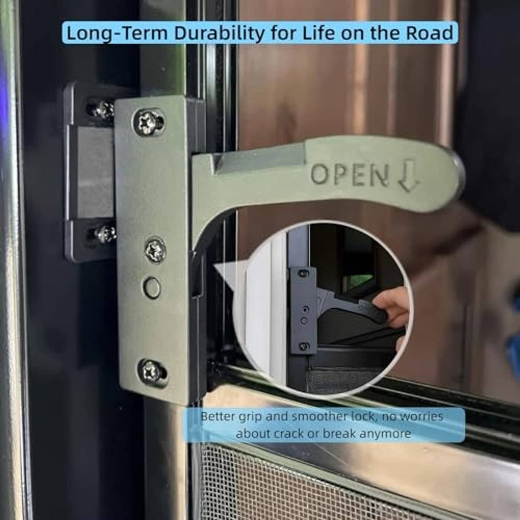 Gray RV screen door latch handle with OPEN lever and latch mechanism details