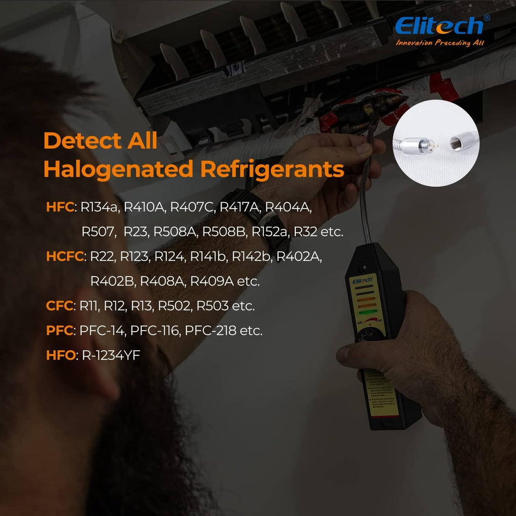 Halogen refrigerant leak detector with flexible probe and glowing UV indicator near an AC unit.