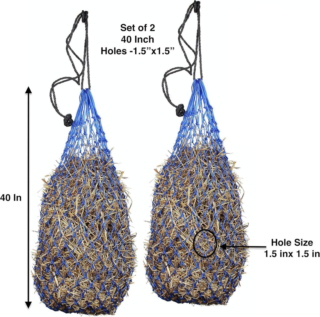 Set of 2 hay nets, 40 in long; blue mesh with 1.5 in hole size and black ties