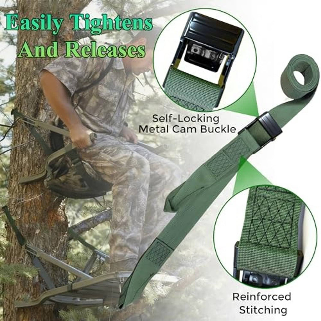 Green hunting strap with self-locking metal cam buckle and reinforced stitching