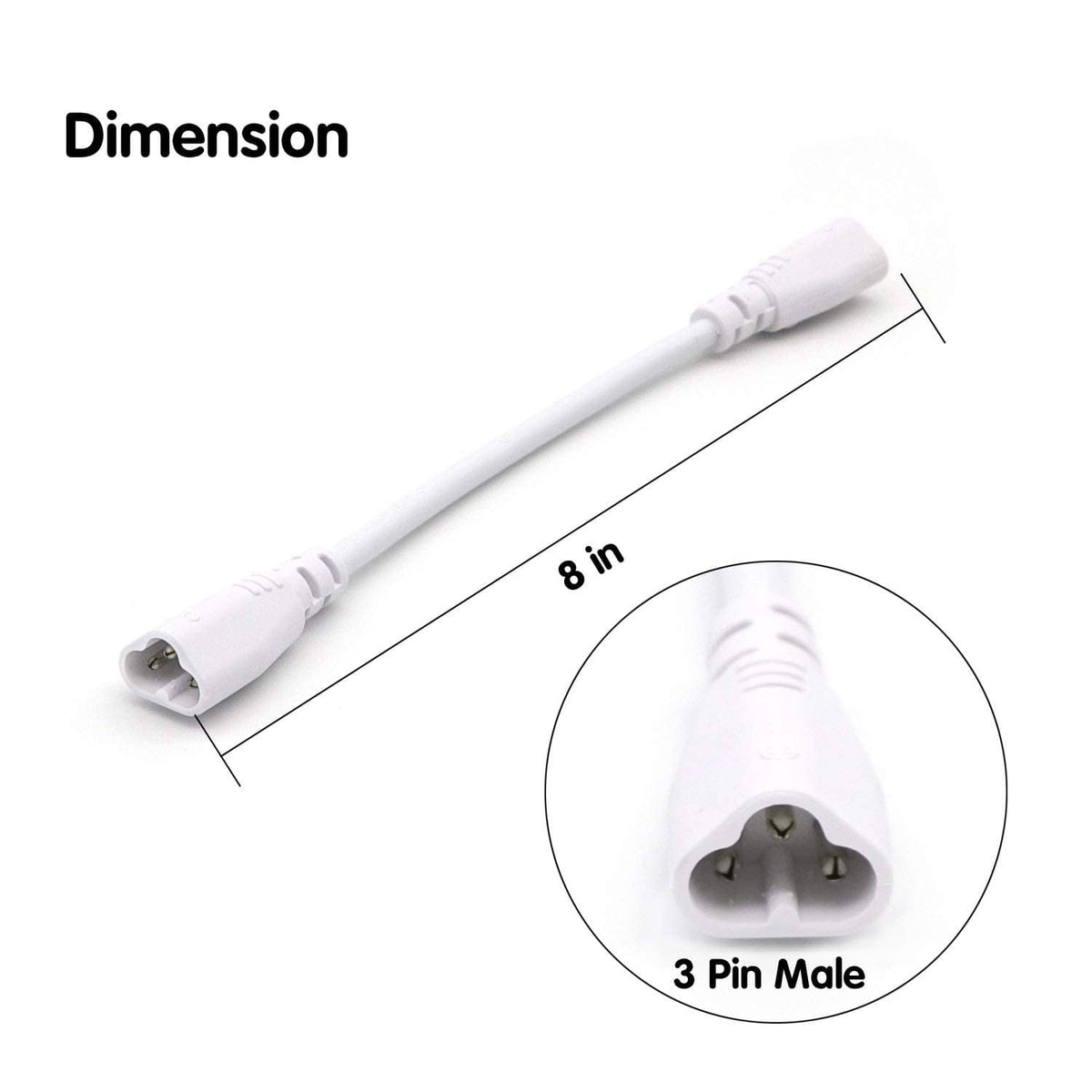 8 in LED tube connector extension cable with 3-pin male plug at each end