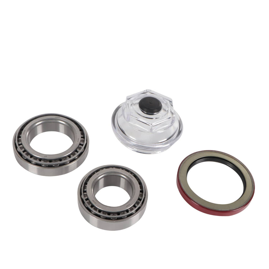 Trailer bearing kit with two bearings, grease seal, and oil cap