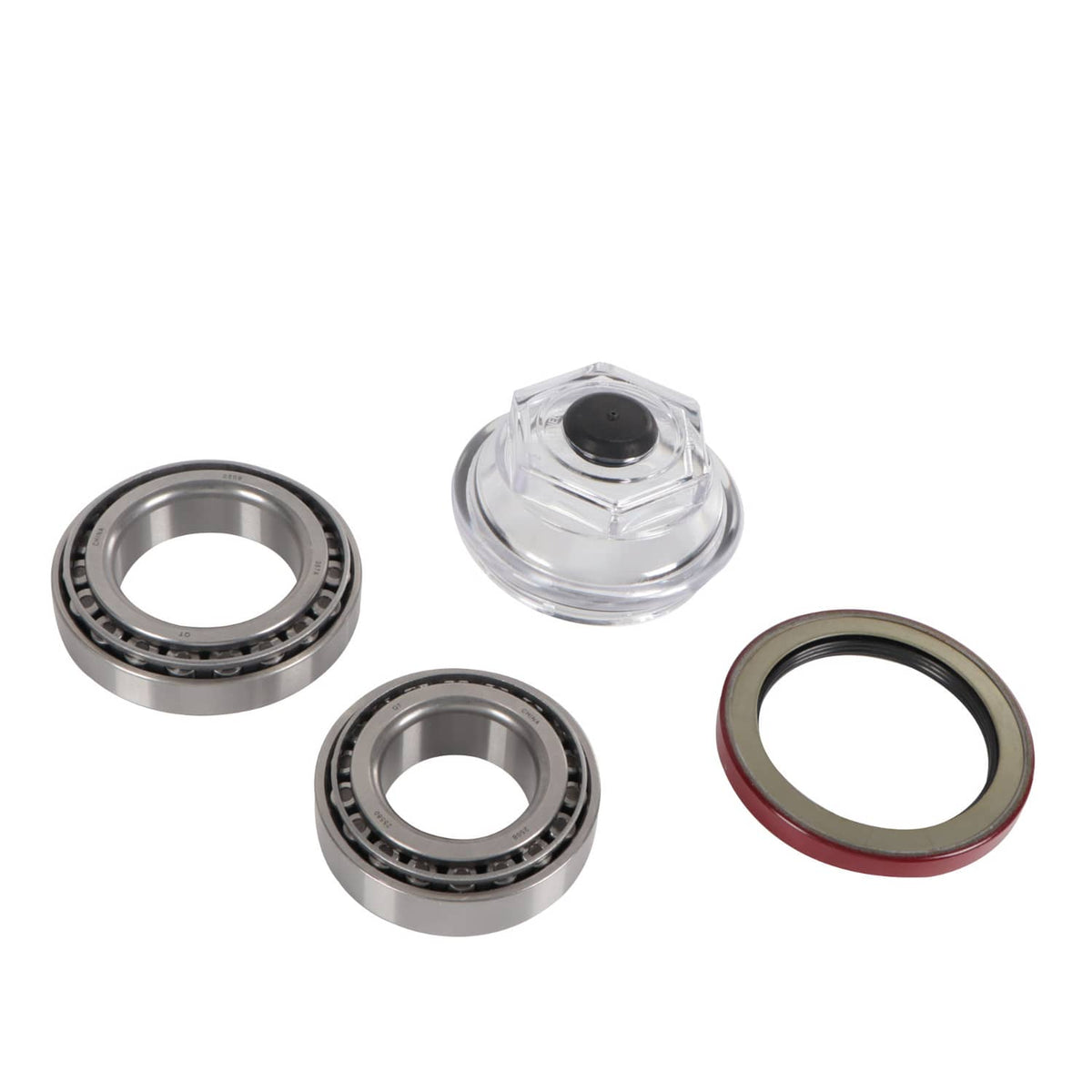 Trailer bearing kit with two bearings, grease seal, and oil cap