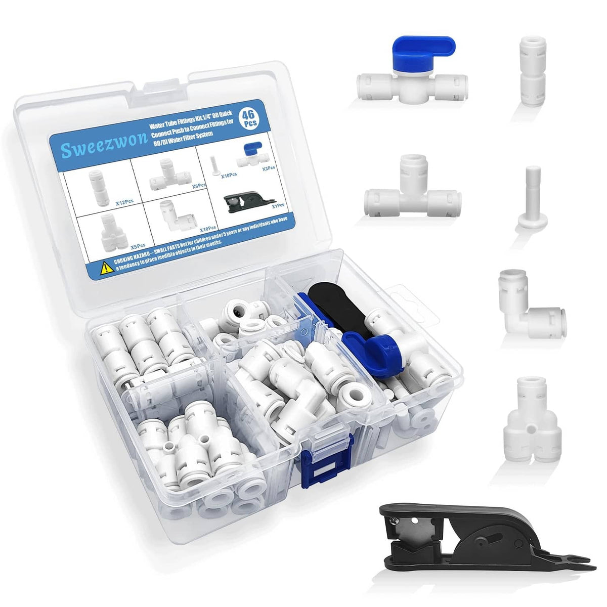 White 1/4-in quick-connect water tube fitting kit with clear case, assorted fittings, cutter