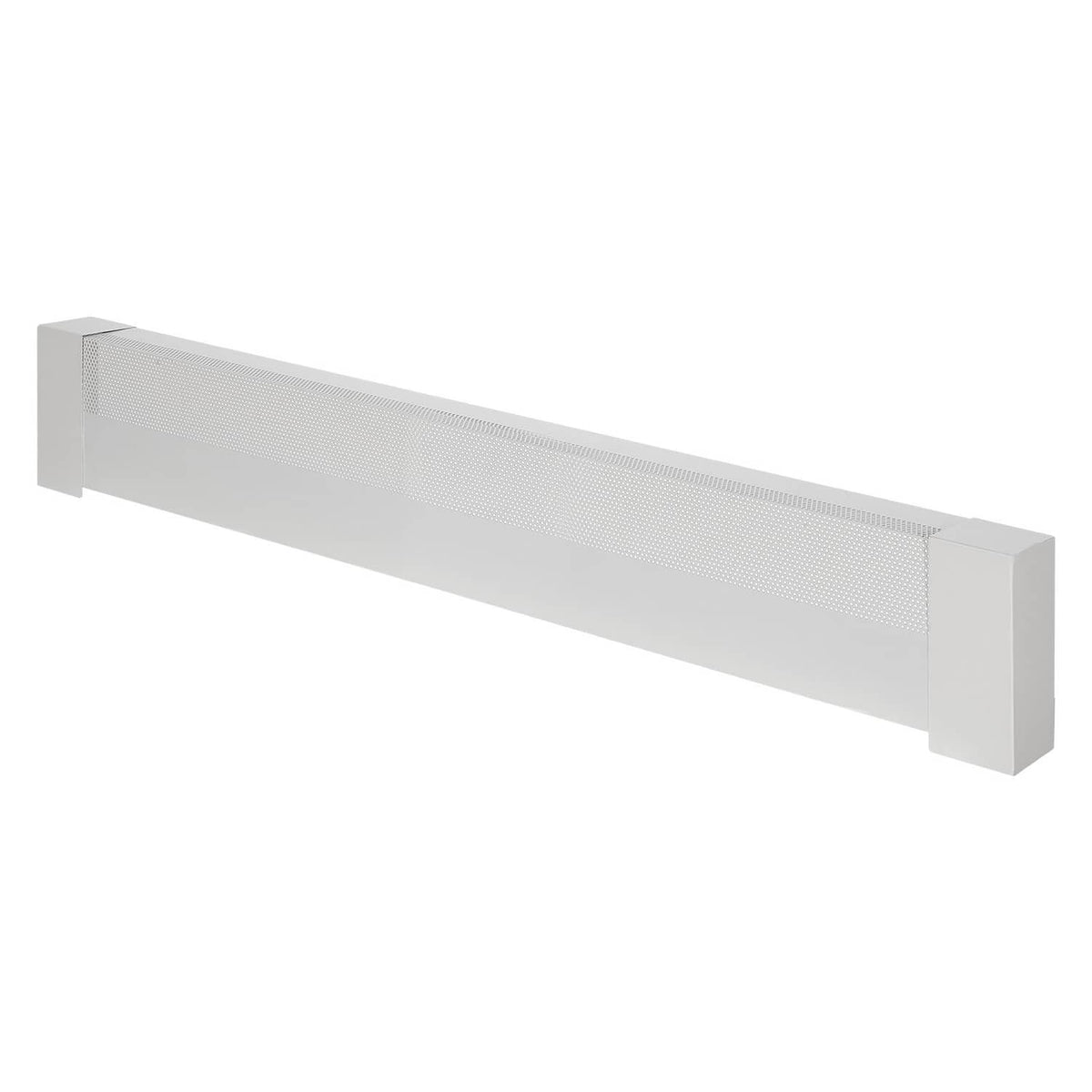 White baseboard heater cover with perforated vent grille in a three-quarter view