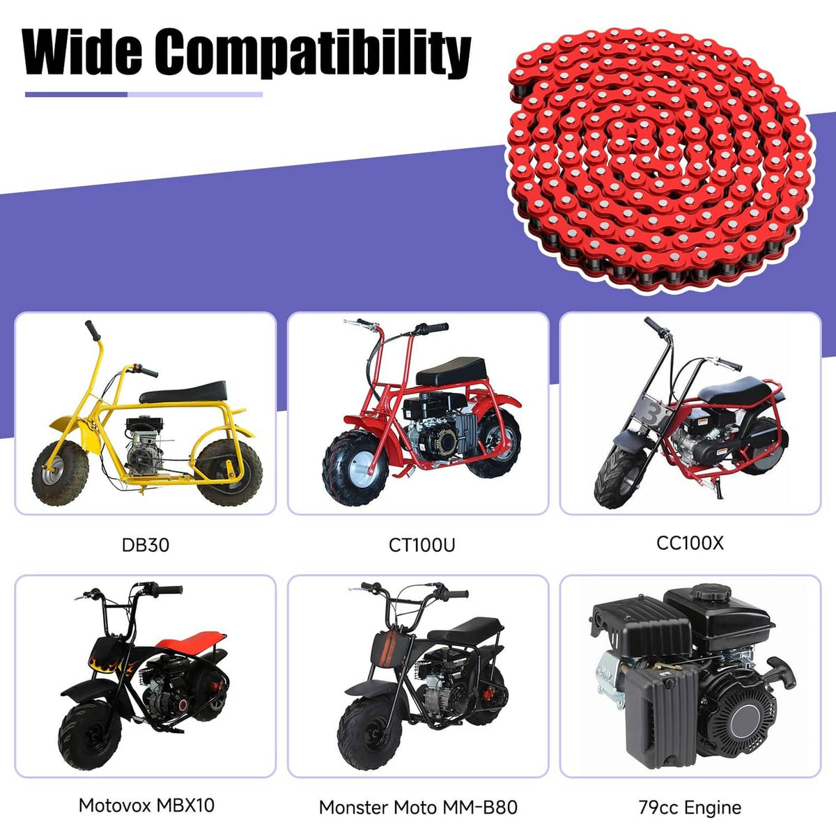 Red roller chain coil with silver inner rollers for mini bike drive.