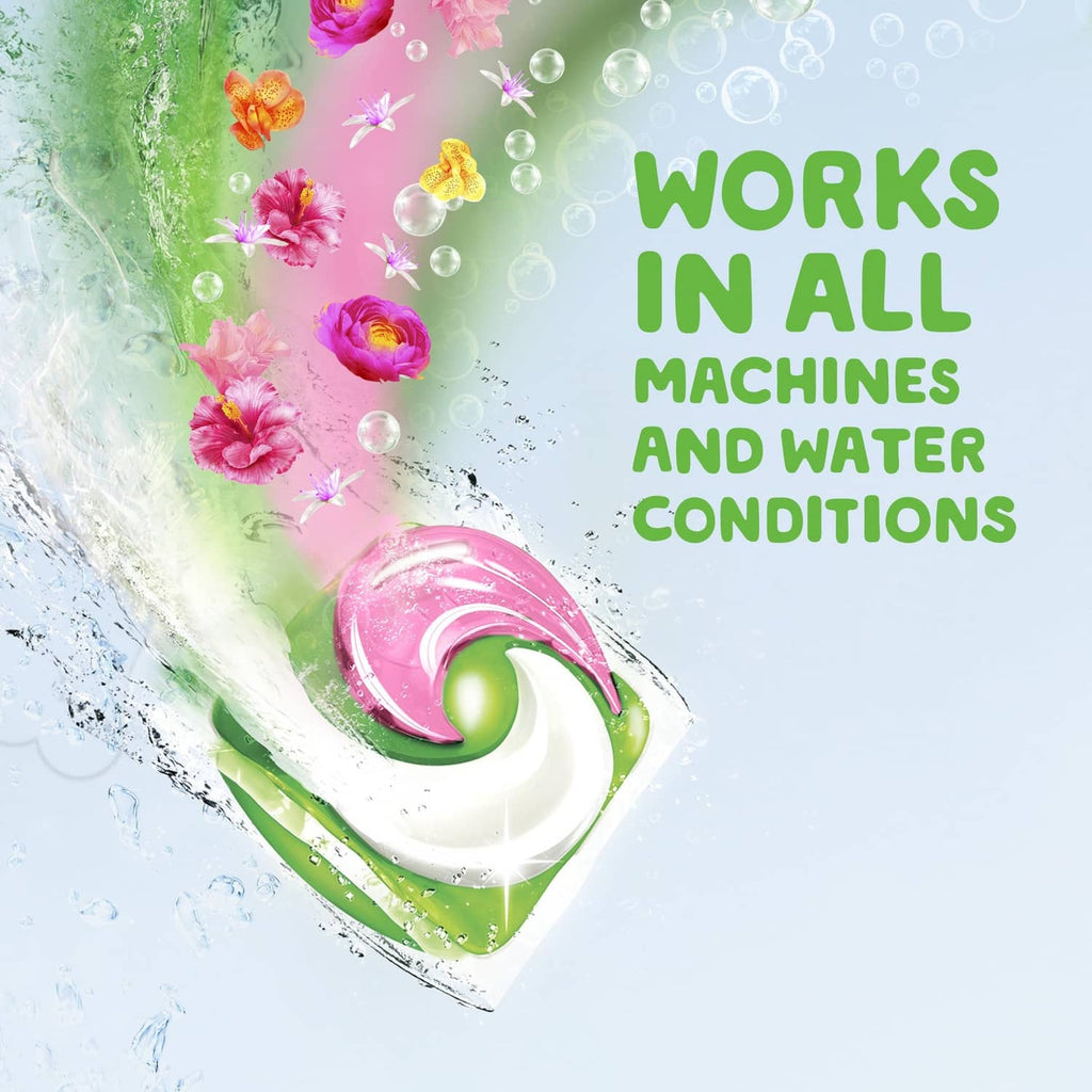 Laundry detergent pac dissolving in water with floral splash graphic