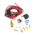 Electric fan thermostat kit with red wiring harness, relay switch, and temperature sensor