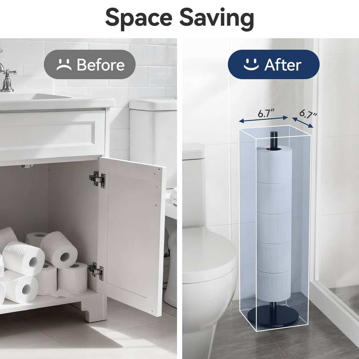Slim freestanding toilet paper holder stand with tall post and round base