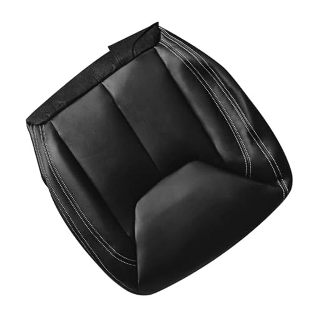 Black leather seat cover at an angle, padded cushions with contrast double stitching
