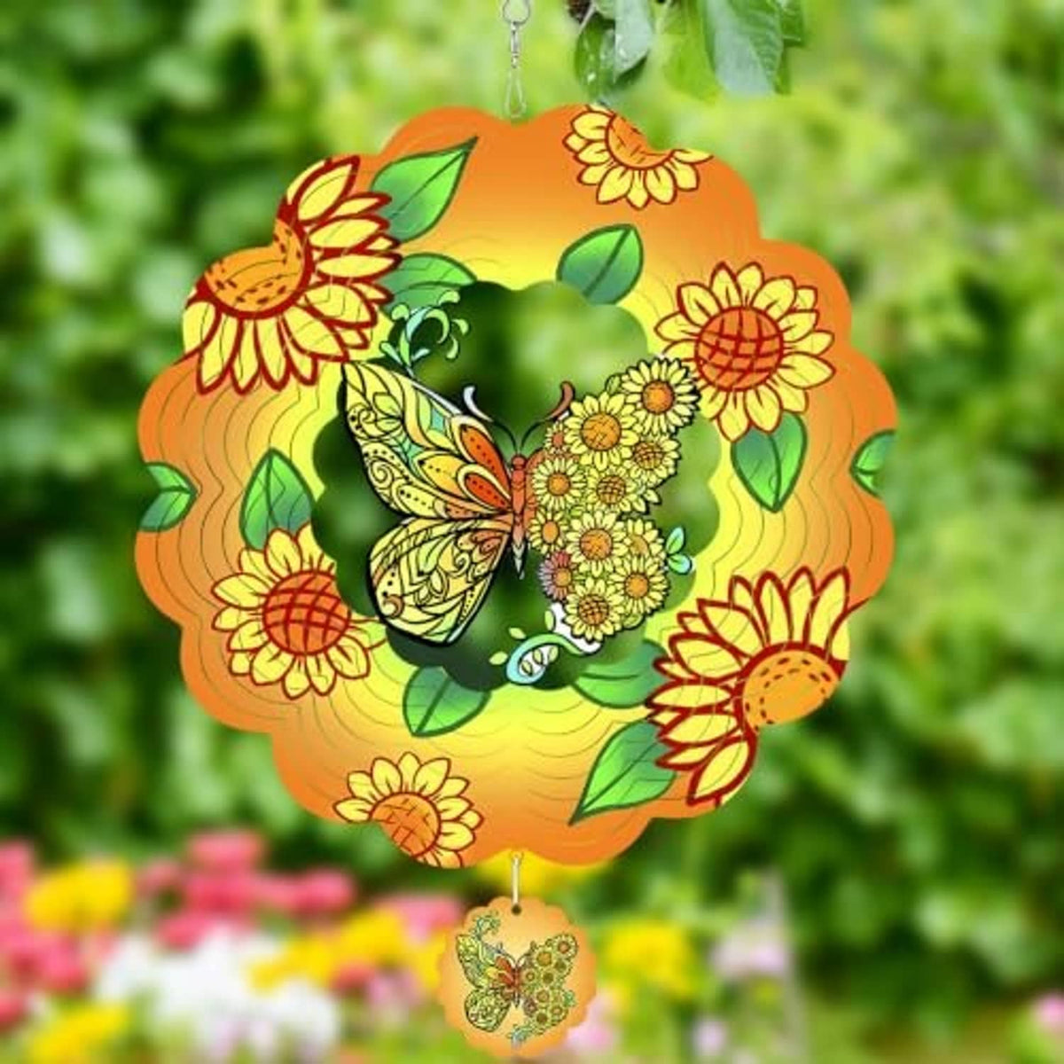Colorful 3D butterfly wind spinner with orange floral petals, green leaves, and dangling charm