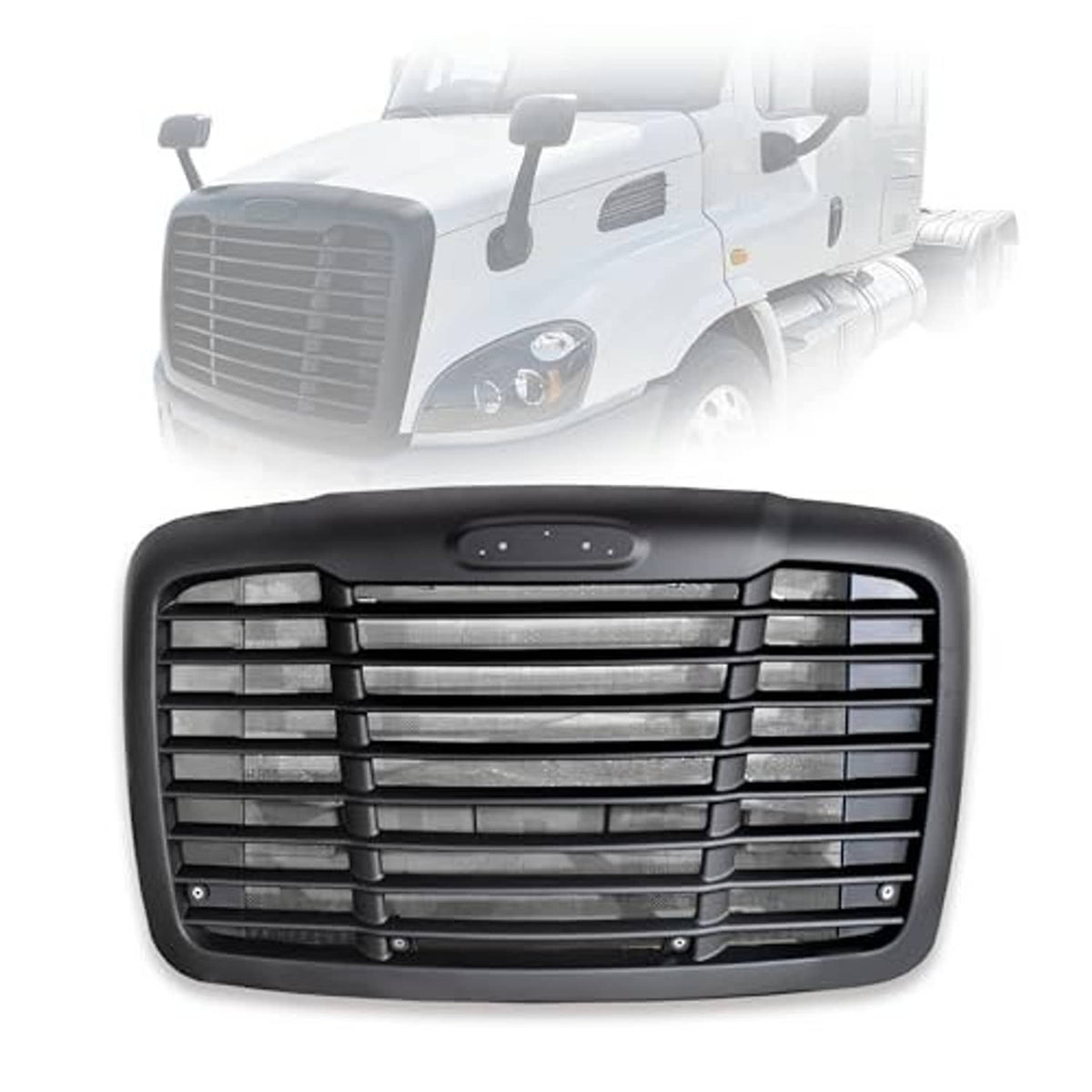 Black front grille with horizontal bars, rectangular frame, and oval center panel