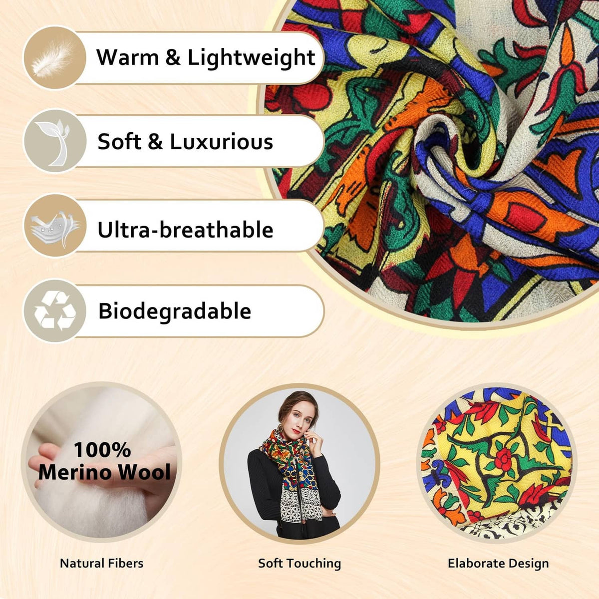 Printed merino wool pashmina with colorful floral motifs and swirled accents