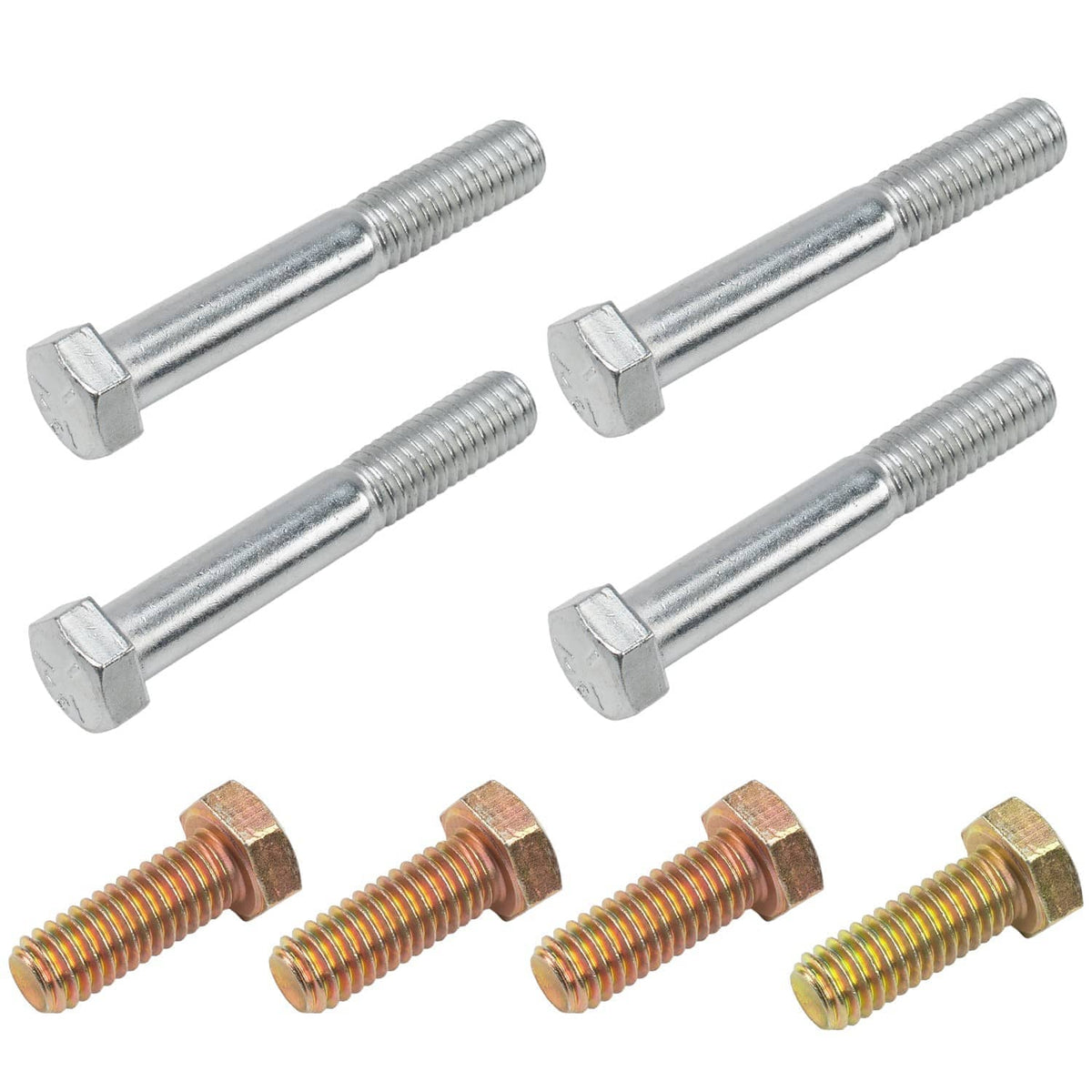 Close-up hardware: silver bolts and gold threaded bolts with hex heads