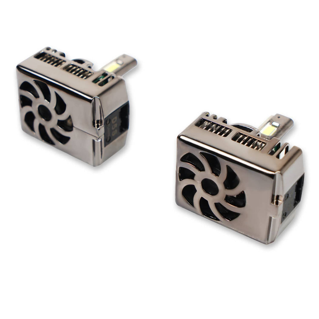 Two D5S LED headlight bulbs with vented metal housings and glowing top LED module