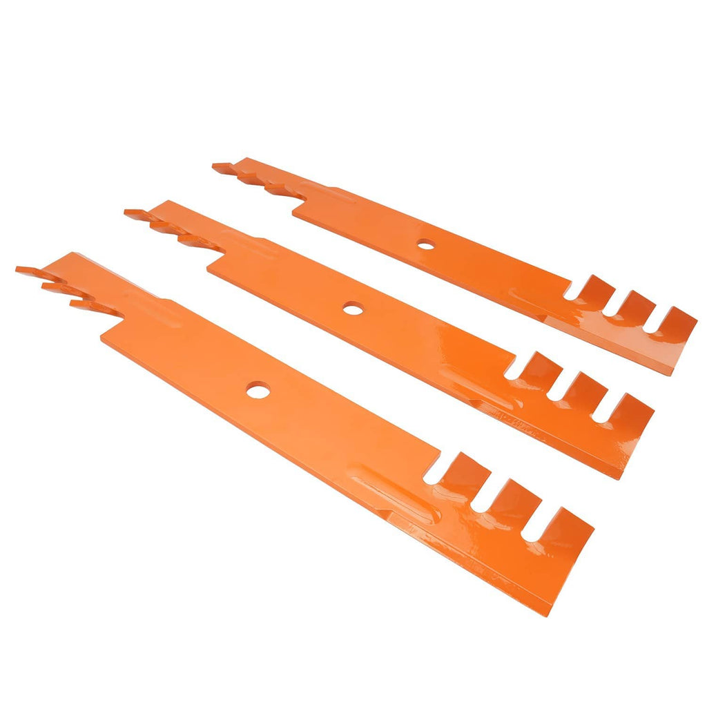3-pack orange mower deck mulch blades with cutout teeth and mounting holes