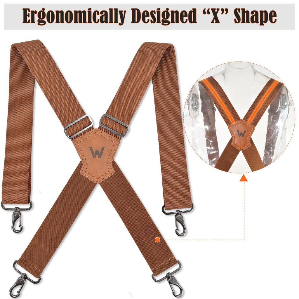 Brown X-shape webbing straps with adjustable buckles and stitched leather pad