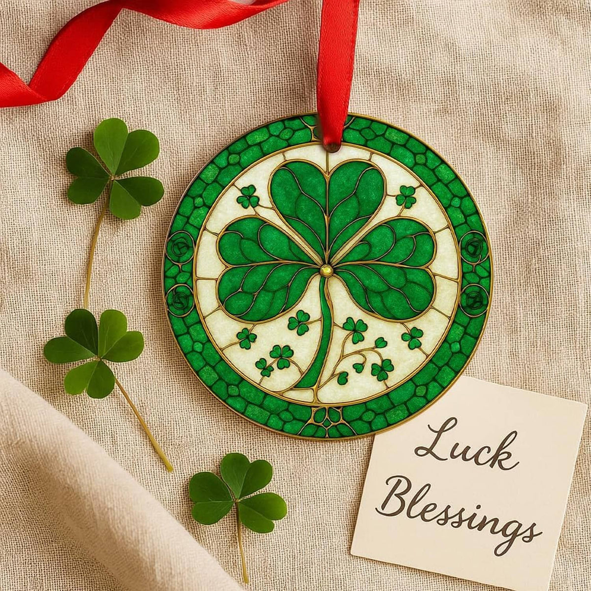 Round shamrock ceramic ornament with red ribbon and green clover tree design on fabric
