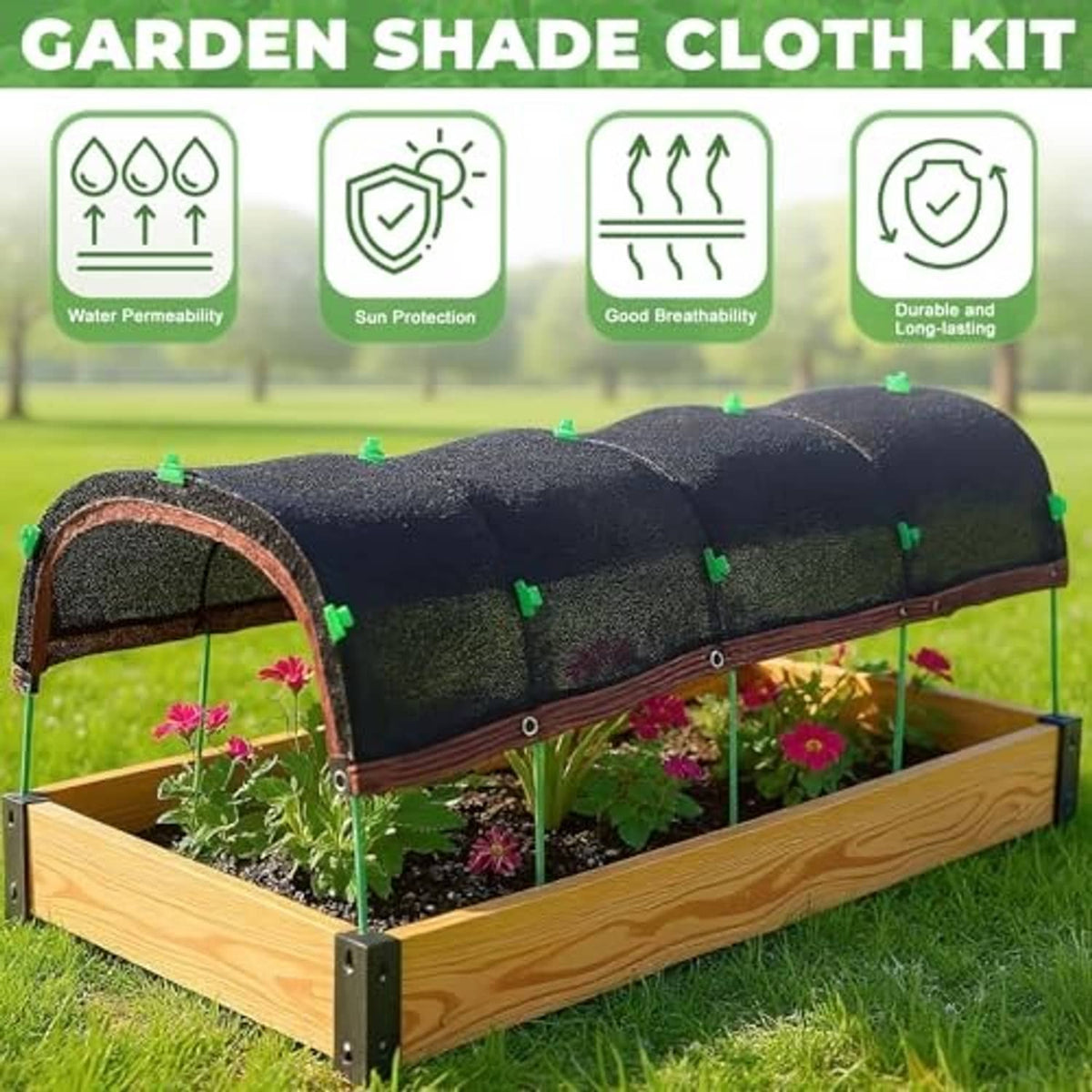Garden shade cloth kit with black net tunnel over raised wooden planting bed