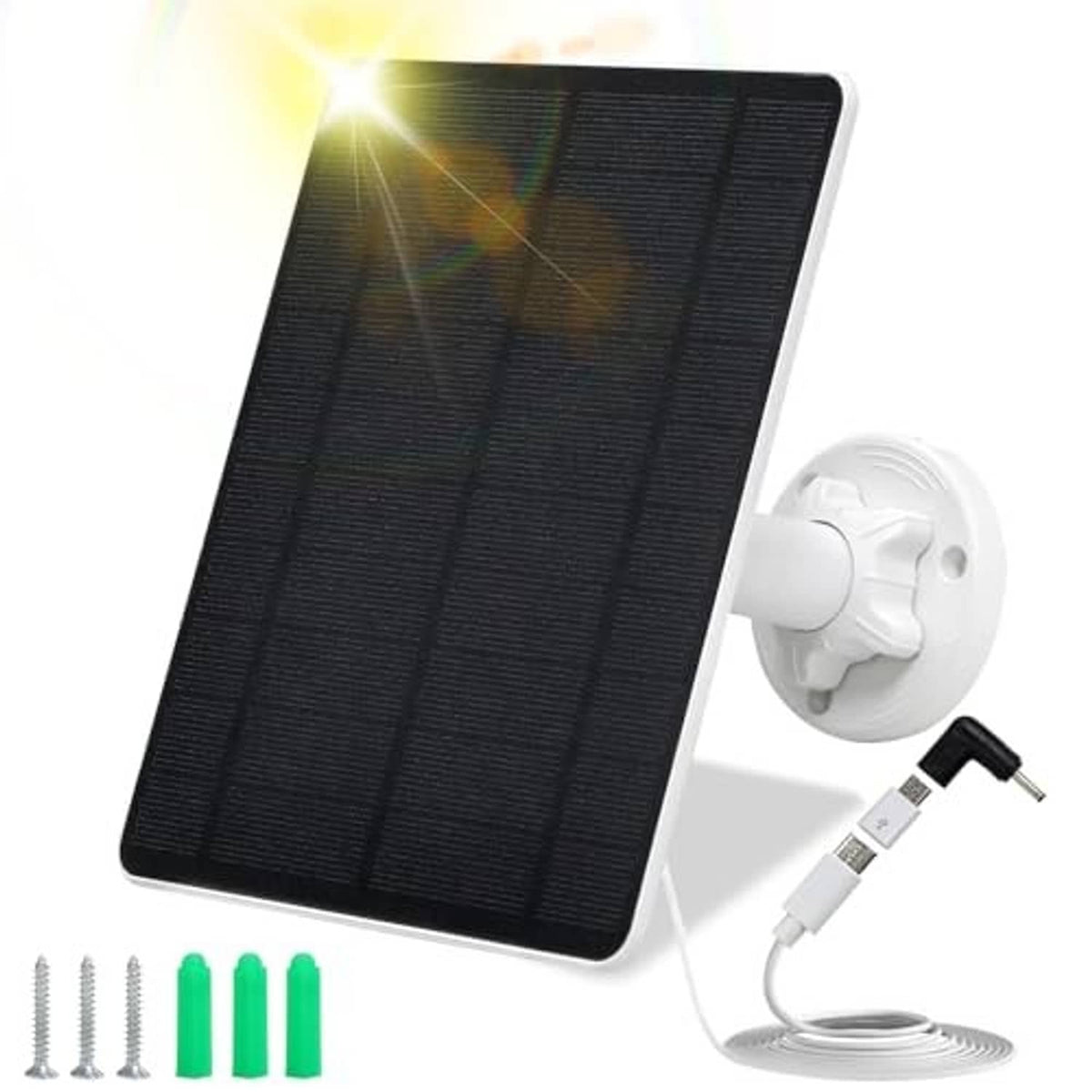 Black solar panel with white security camera wall mount and USB cable