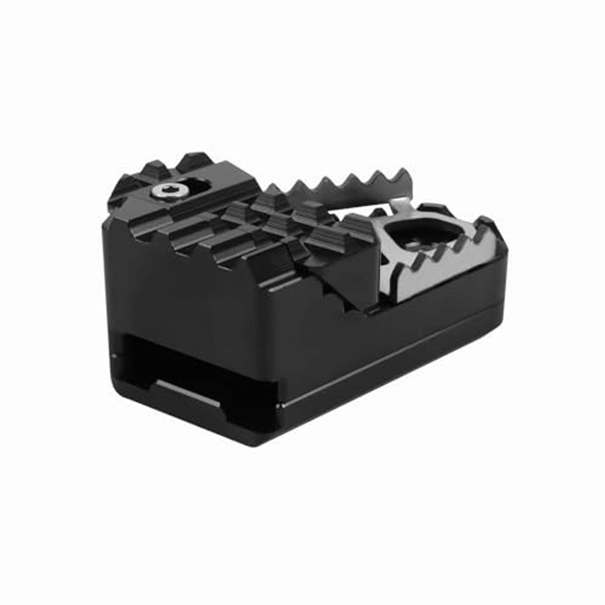 Black brake pedal extender bracket with textured metal body and serrated foot support