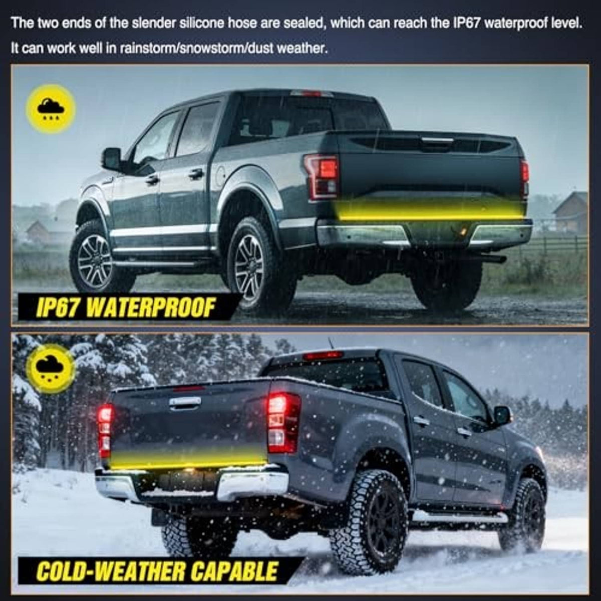 IP67 waterproof LED tailgate light strip with sealed silicone tube ends on truck