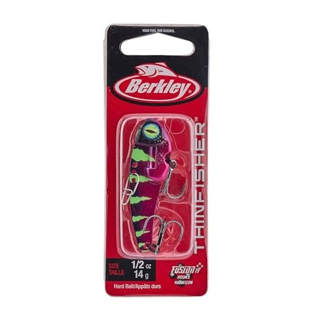 Berkley blade bait lure blister pack with pink-green anaconda design, Fusion19 hooks