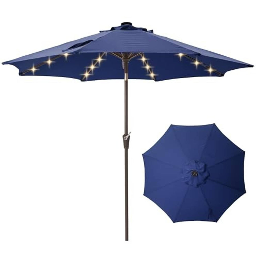 Navy solar LED patio umbrella with tilt crank pole and starburst light strings