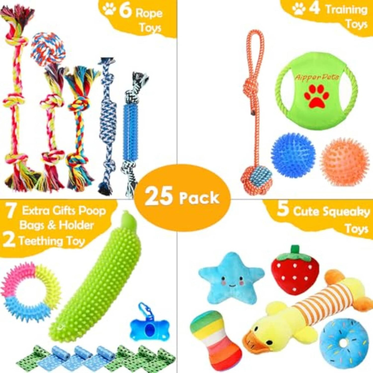Variety pack of dog toys with braided rope tugs and spiky squeaky balls