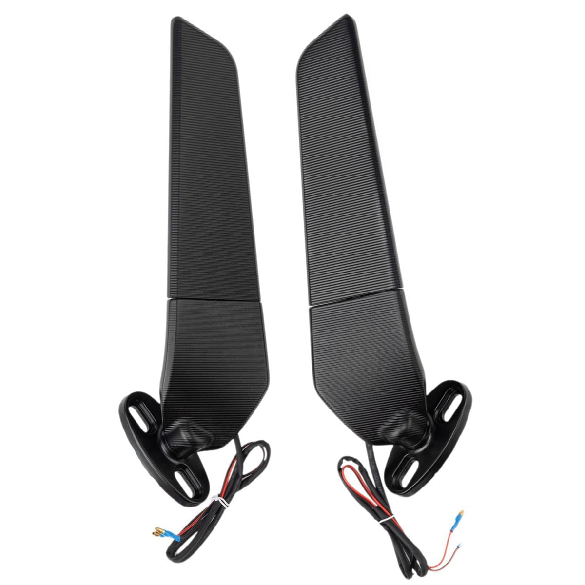 Two black motorcycle wing mirror housings with ribbed aerodynamic covers and wiring leads.
