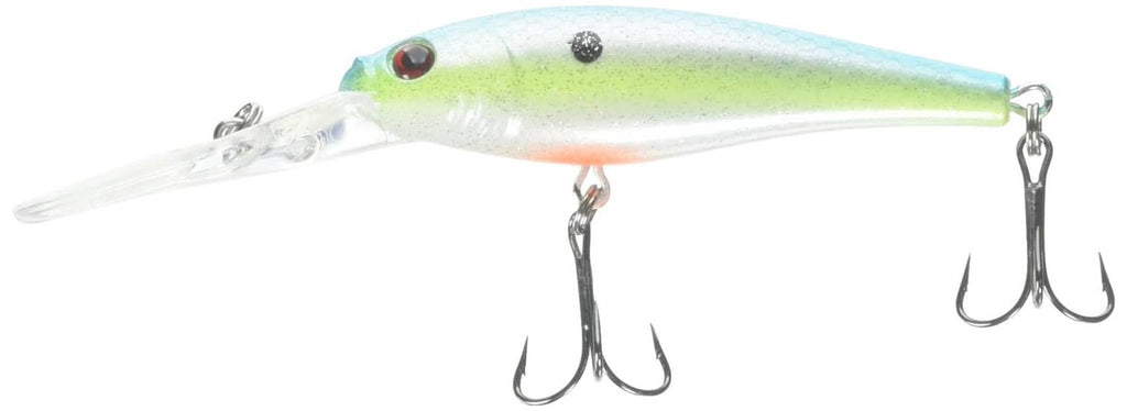 Minnow crankbait fishing lure, light green and white body with two treble hooks