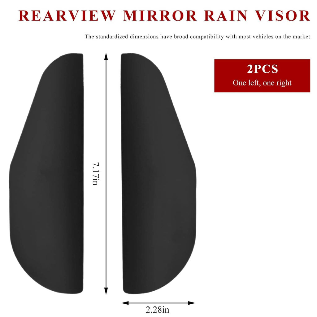 Black mirror rain visor eyebrow pair with size markings: 7.2 x 2.3 inches.