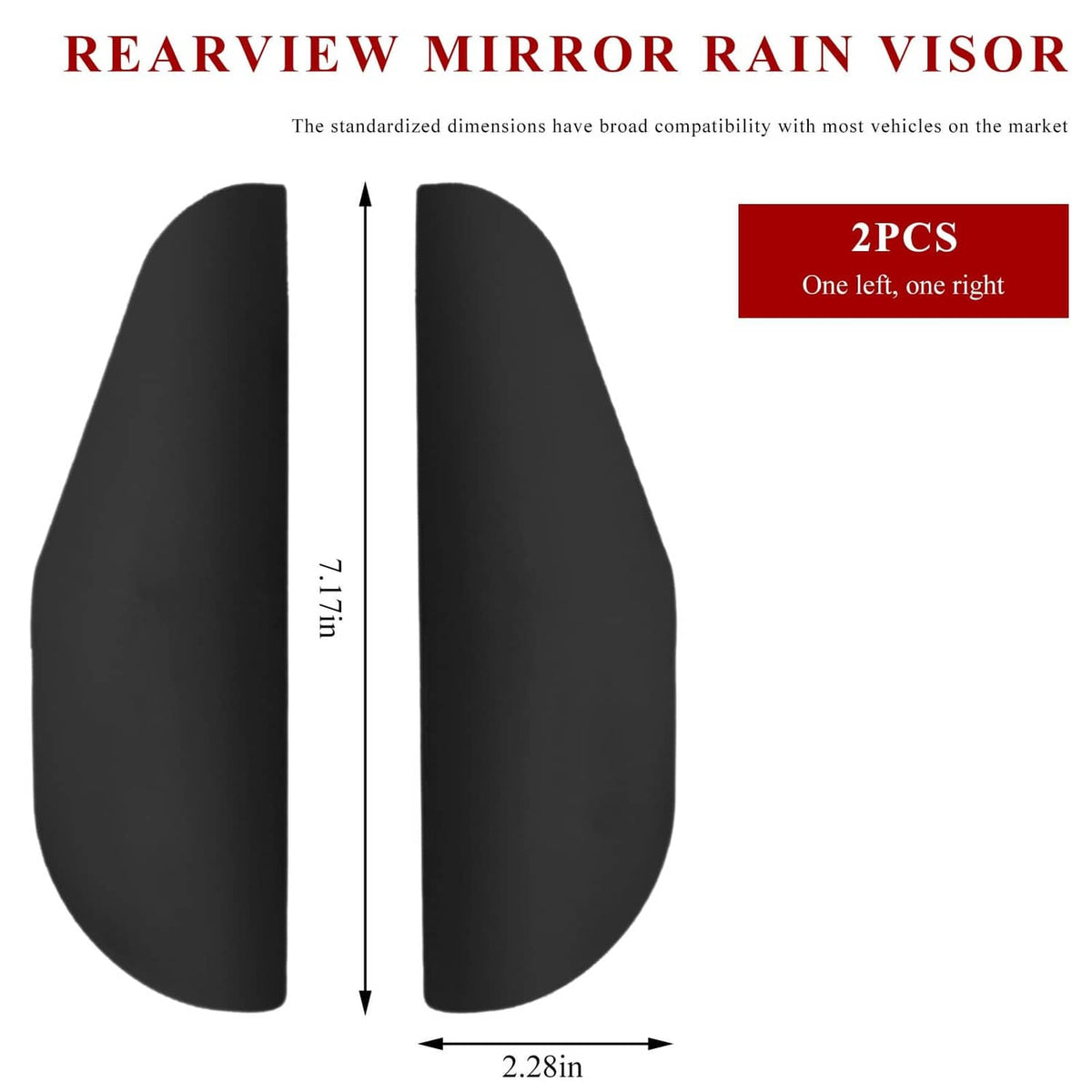 Black mirror rain visor eyebrow pair with size markings: 7.2 x 2.3 inches.