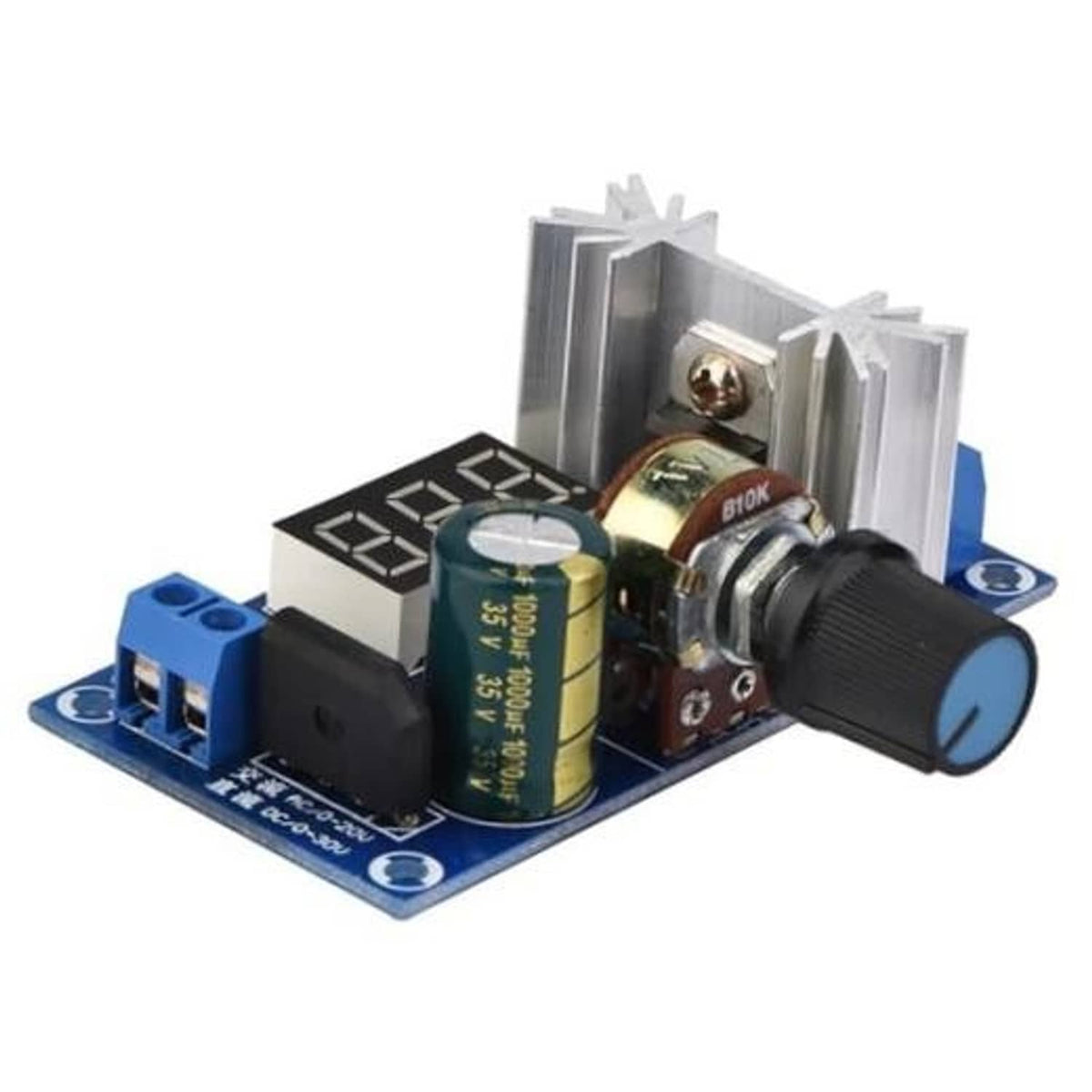 Adjustable voltage regulator module with blue PCB, heatsink, LED display, and tuning knob