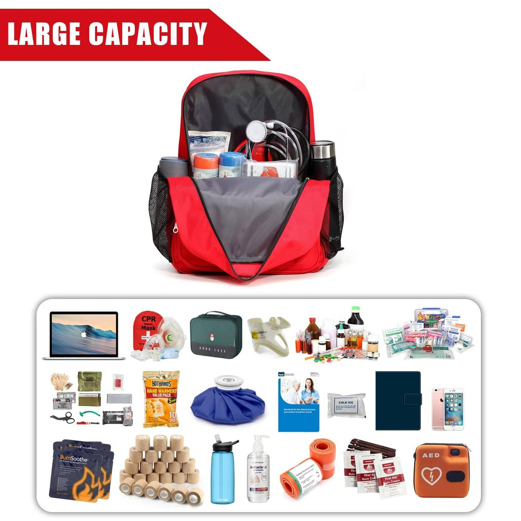 Red first aid backpack open with medical kit items in front and back compartments