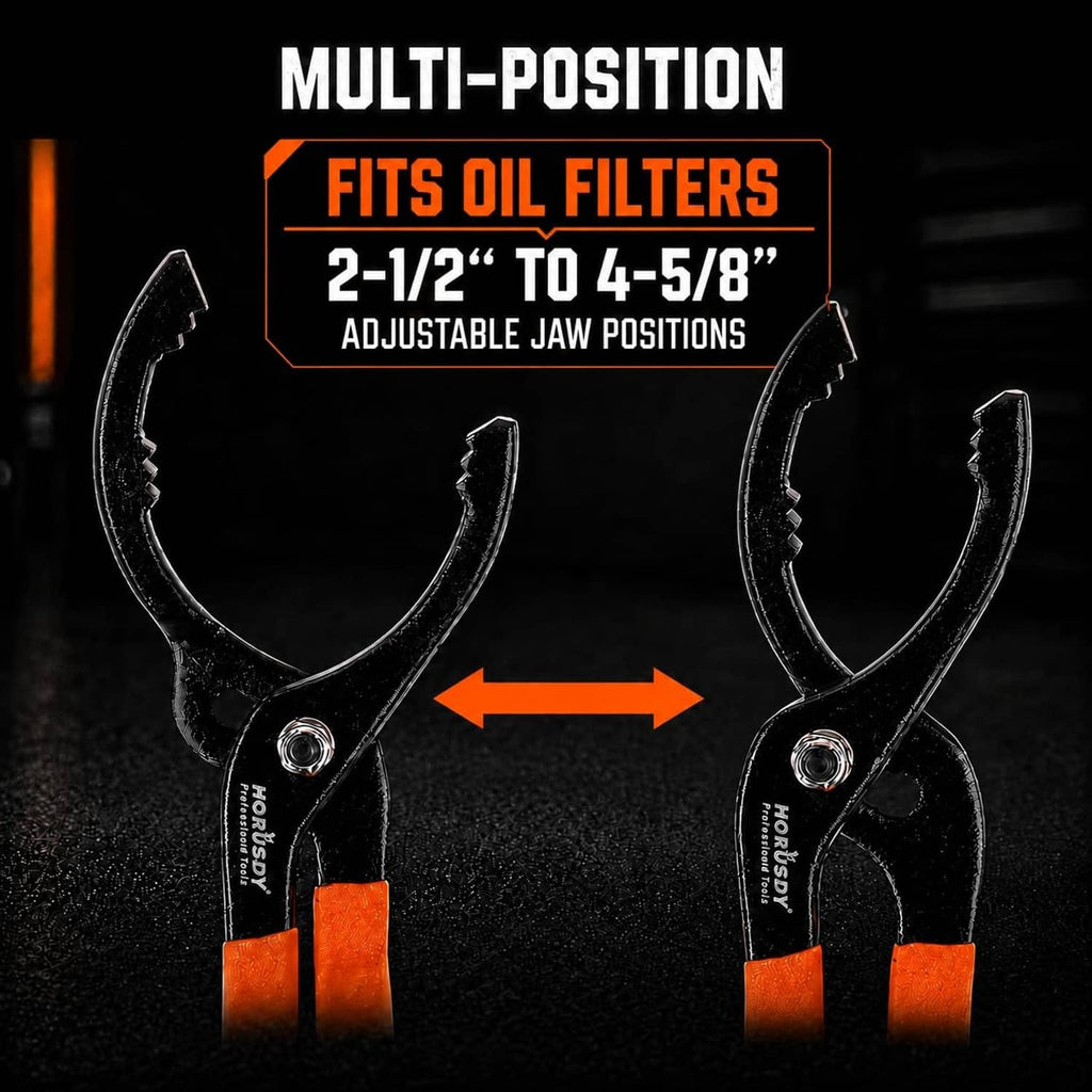 Adjustable oil filter pliers with multiple jaw positions for 2-1/2 to 4-5/8 in filters.