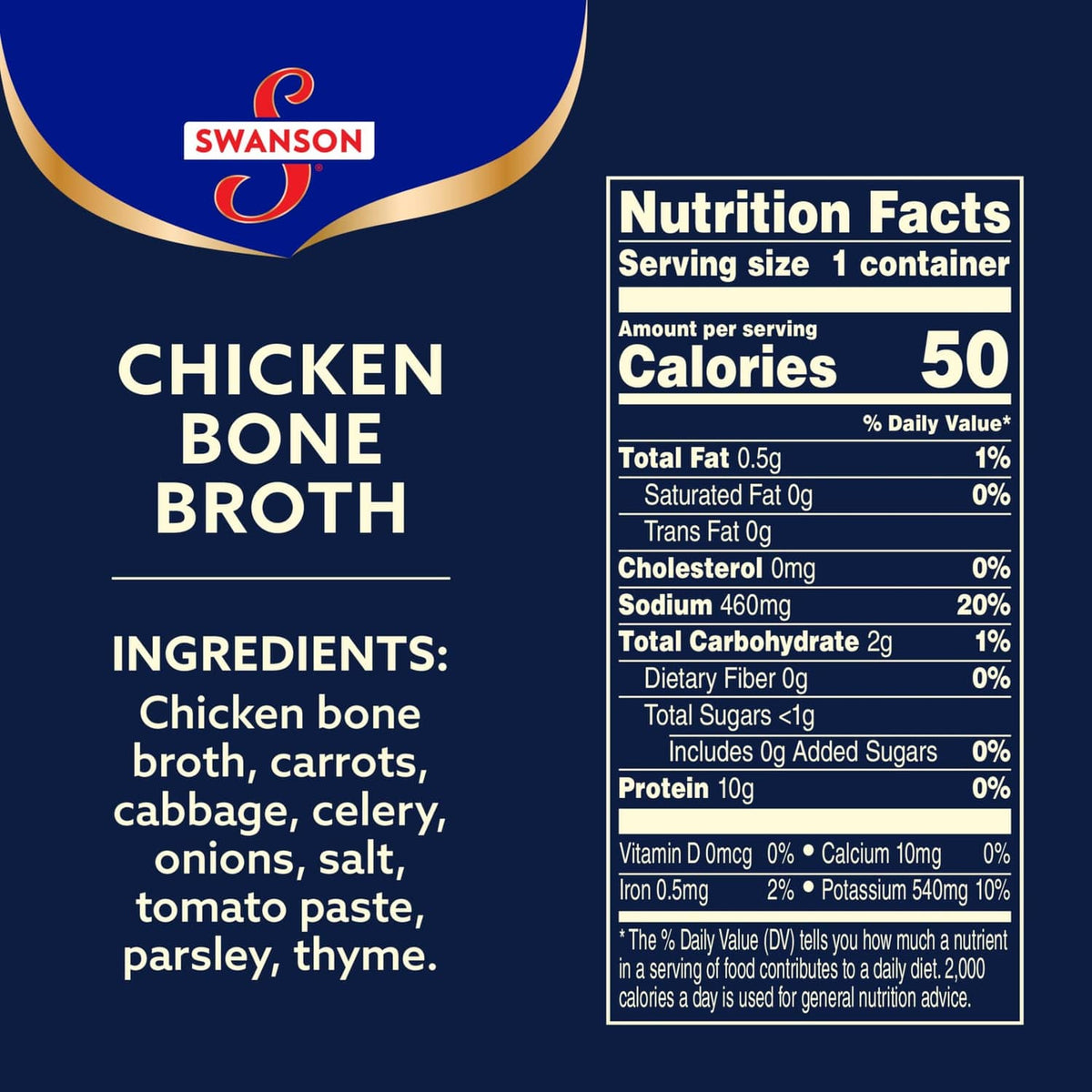 Chicken bone broth Nutrition Facts panel, 1 container, 50 calories